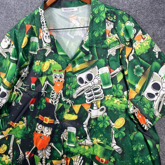 Misslook Button Up St. Patrick's Day Drunken Skeleton Shirt Men's 4XL Green Fun - Picture 2 of 10